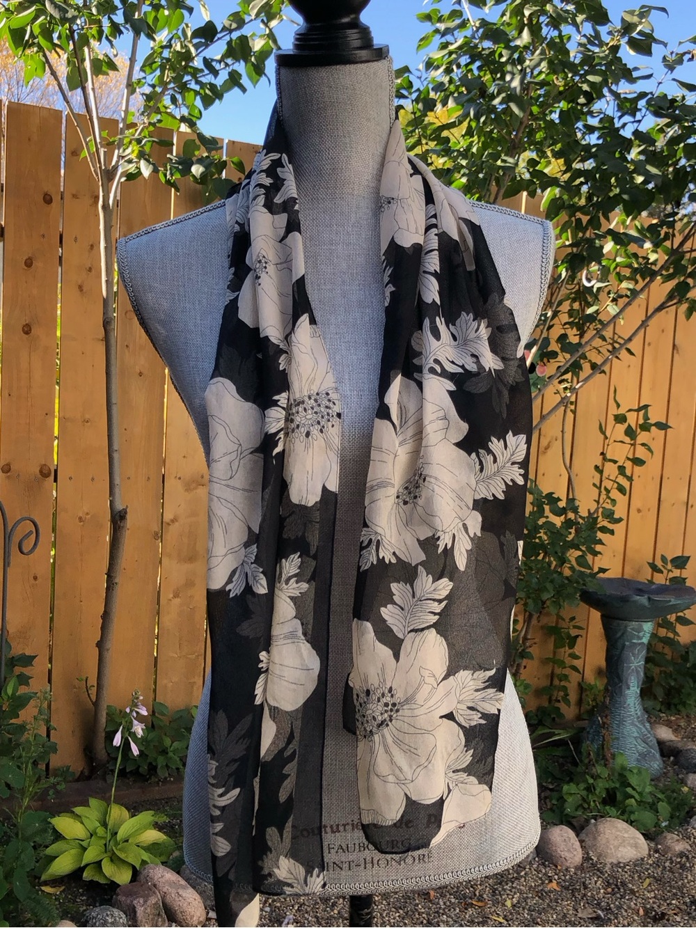 Y2K Whimsical Boho Black and Cream Floral Lightweight Scarf Cottagecore